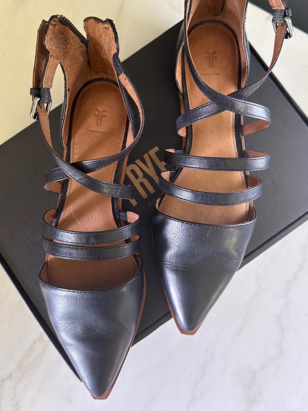 Frye Black Leather Strappy Pointed-Toe Heels